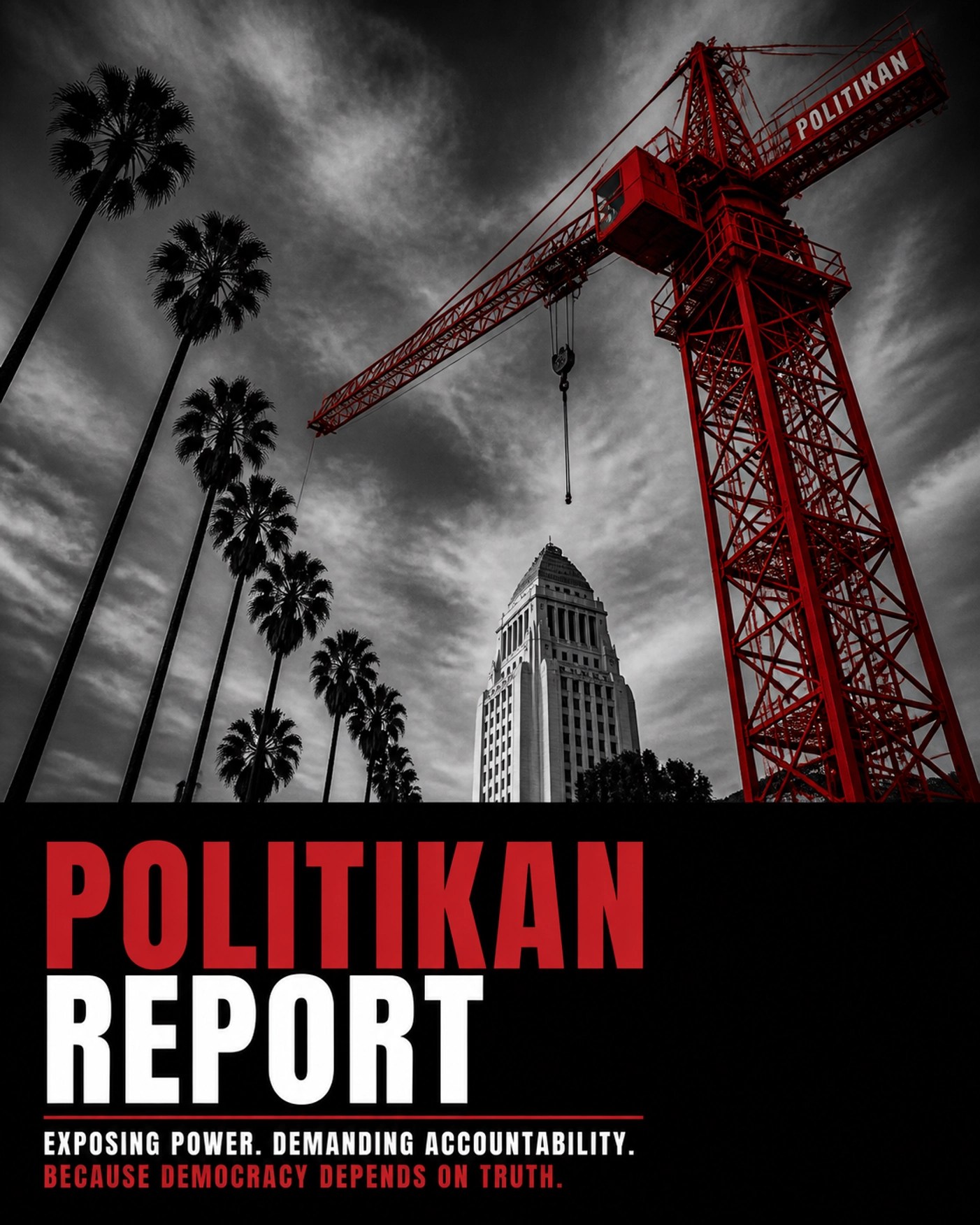 Red construction crane over LA palm trees and City Hall, highlighting urban displacement.