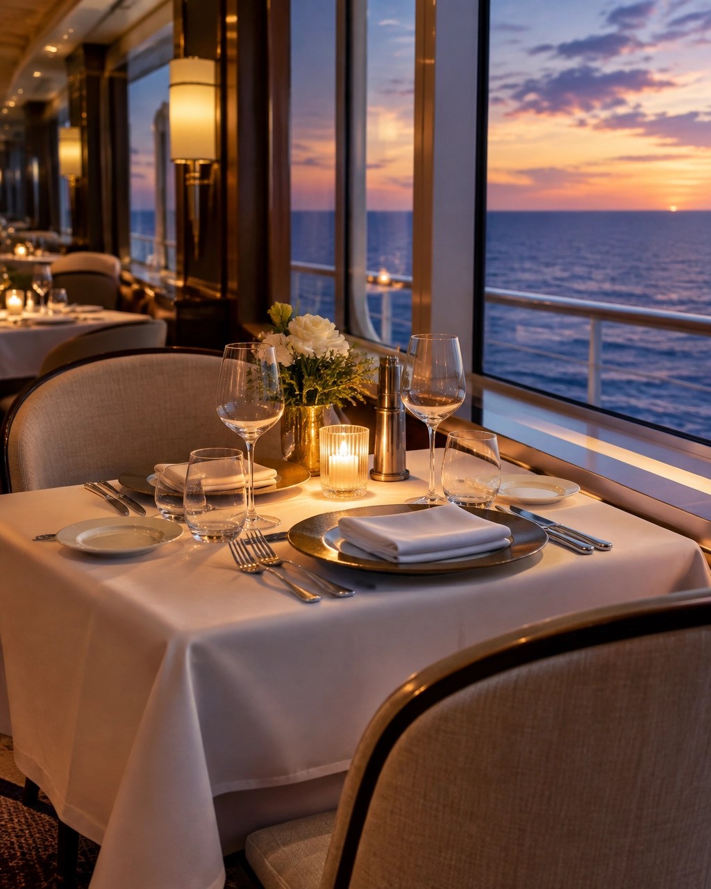 Elegant, empty specialty dining room with a candlelit table and ocean views at dusk