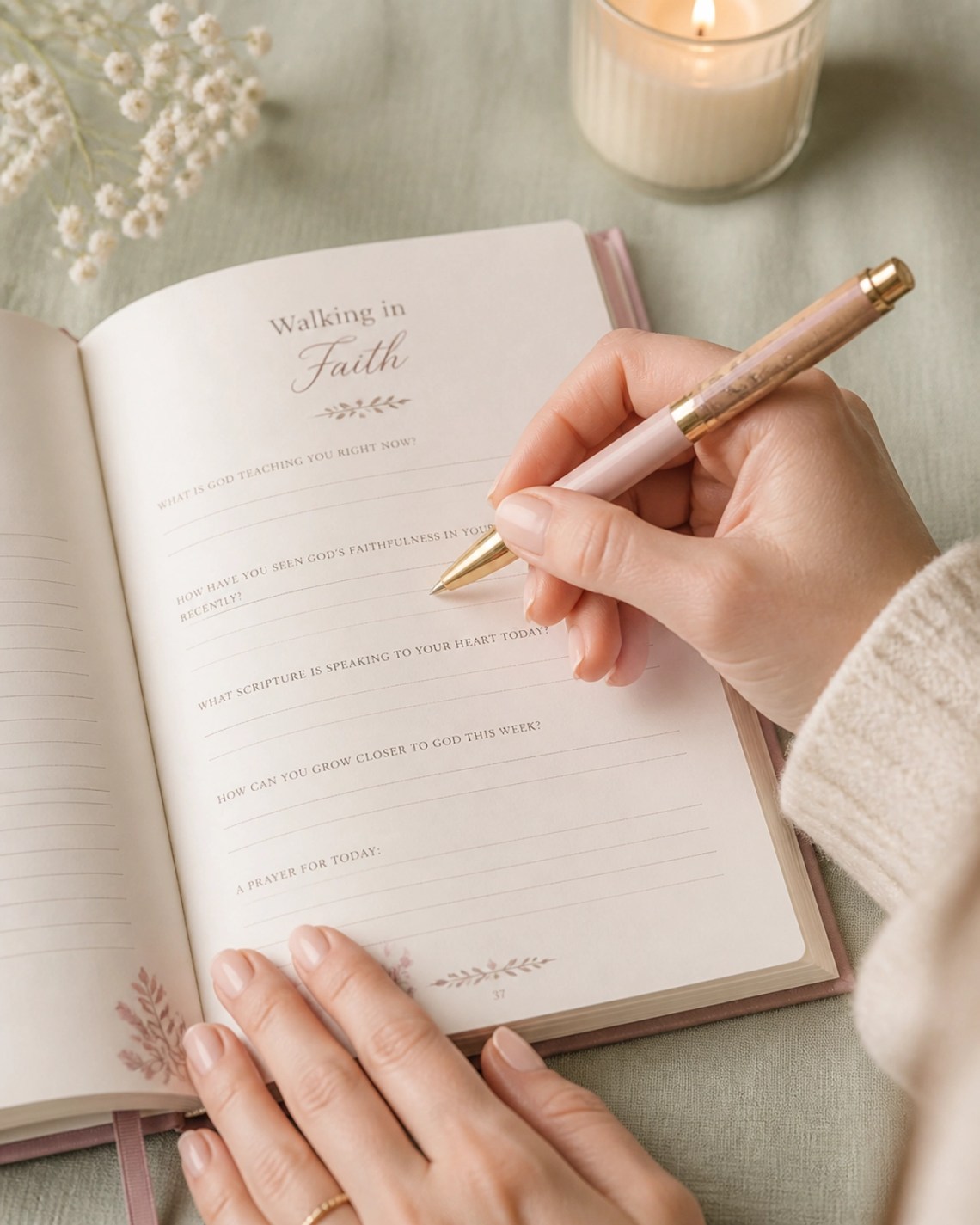 Close-up of hands writing in a faith journal with a Dusty Rose pen.