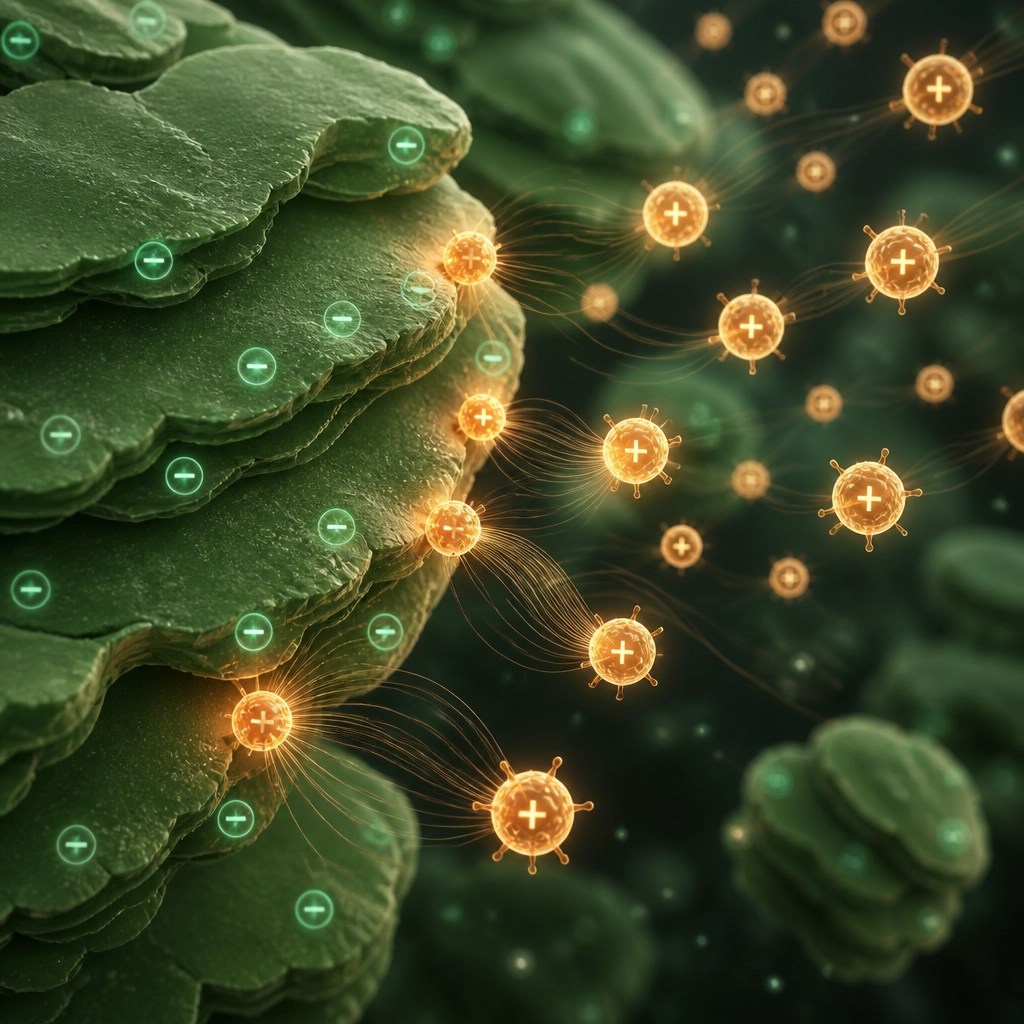 A conceptual 3D microscopic illustration showing green clay particles with a negative charge pulling in glowing, positively charged toxin particles