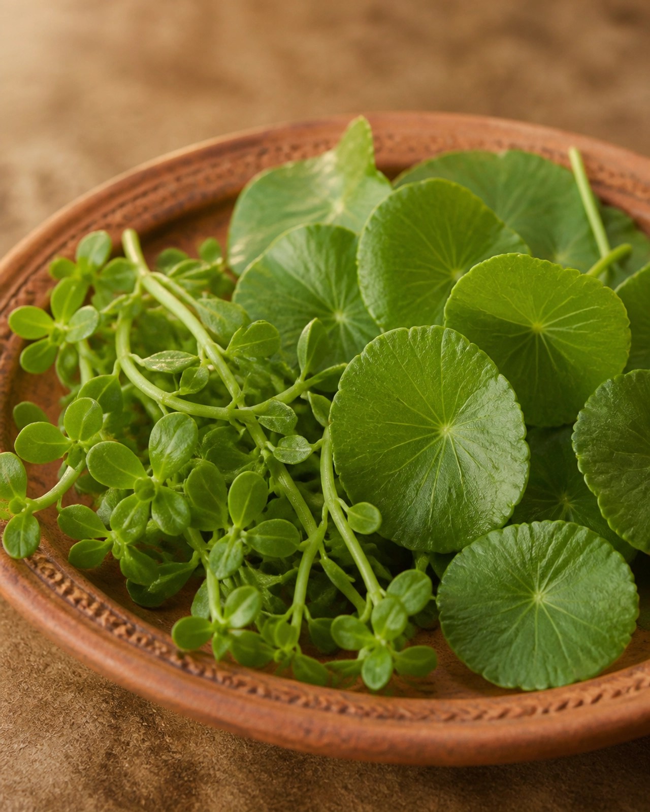 Fresh Brahmi and Gotu Kola leaves on a traditional terracotta plate, highlighting their role as brain-nourishing tonics.