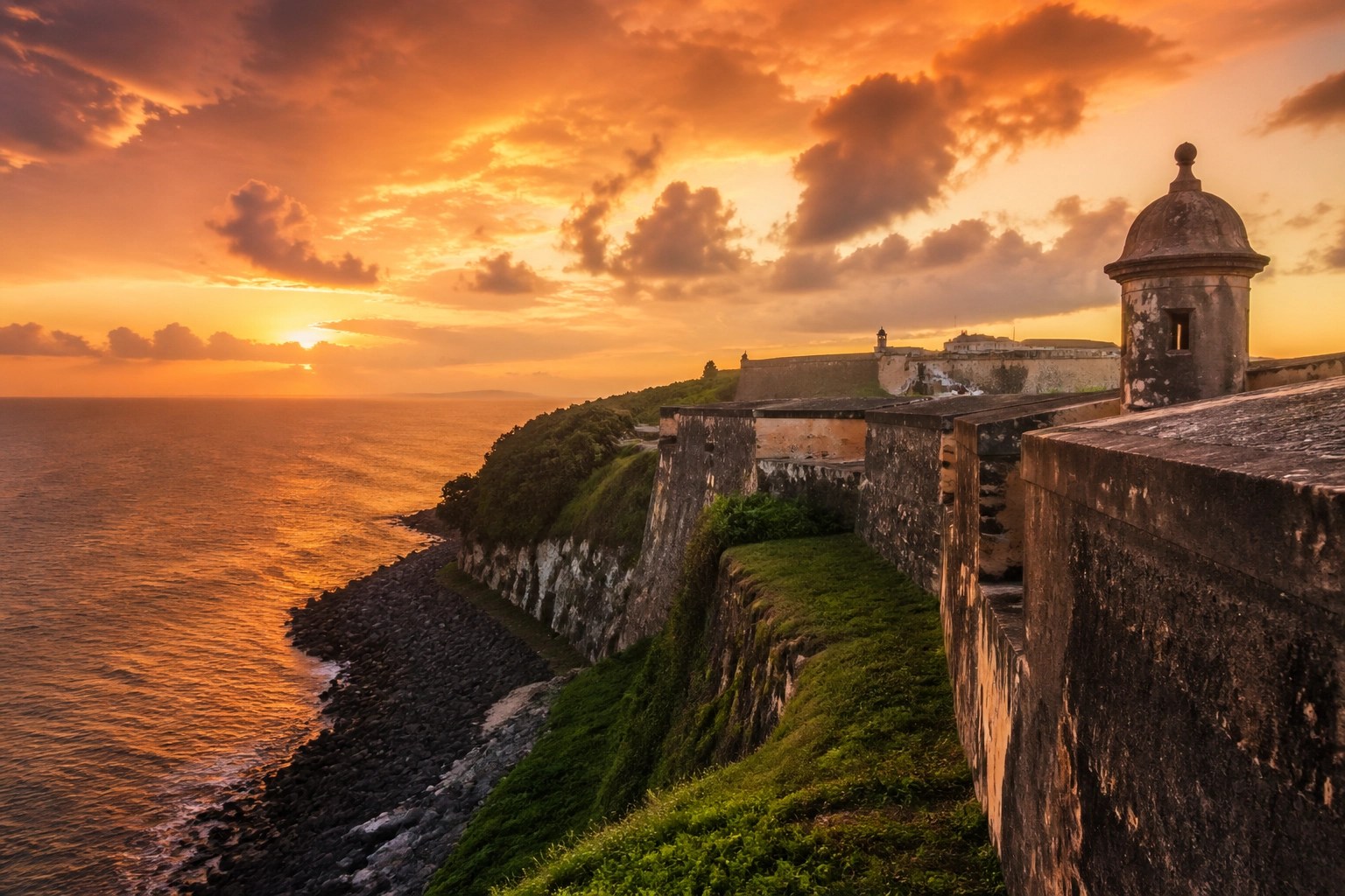 Majestic sunset view of El Morro fortress overlooking the Atlantic Ocean in Old San Juan, Puerto Rico.