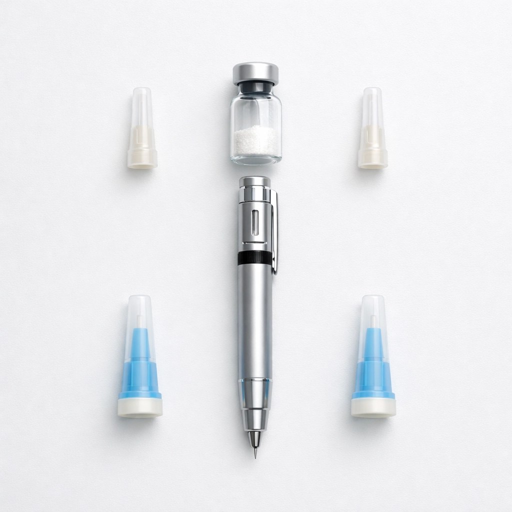 A complete peptide pen research kit featuring a metallic pen and sterile laboratory supplies.