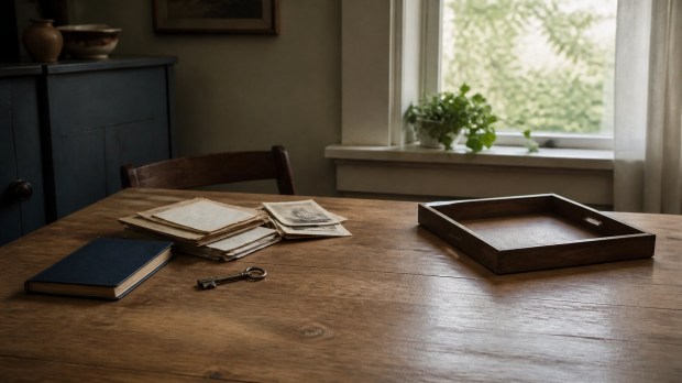 A wooden table with a small group of sorted papers, a closed notebook, an heirloom key, and an empty tray beside a sunlit window