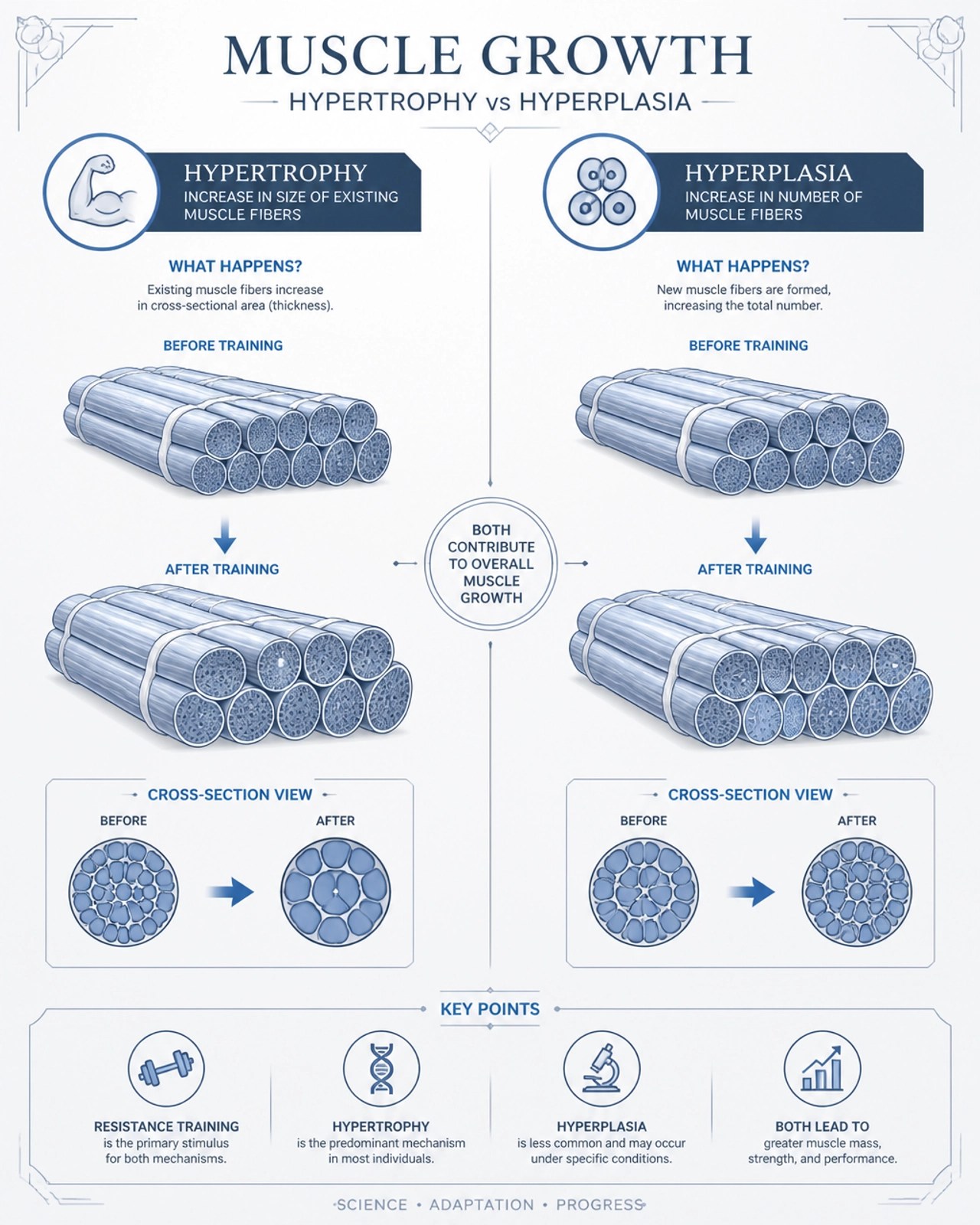 Comparison between muscle hypertrophy (thickening) and hyperplasia (new fiber formation)