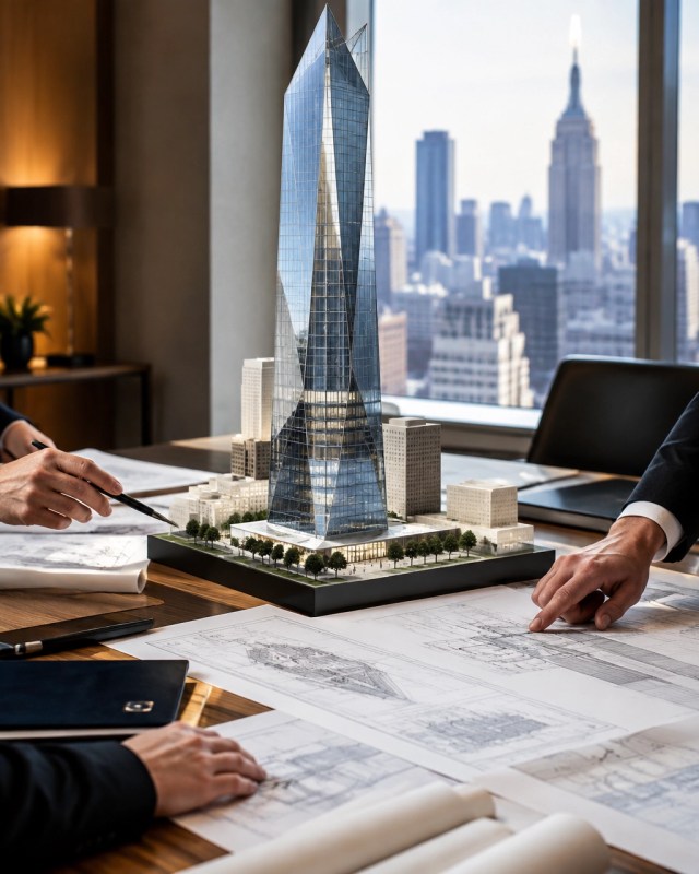 Illustrative editorial image of a boardroom table with architectural blueprints and a scale model of a faceted glass office tower