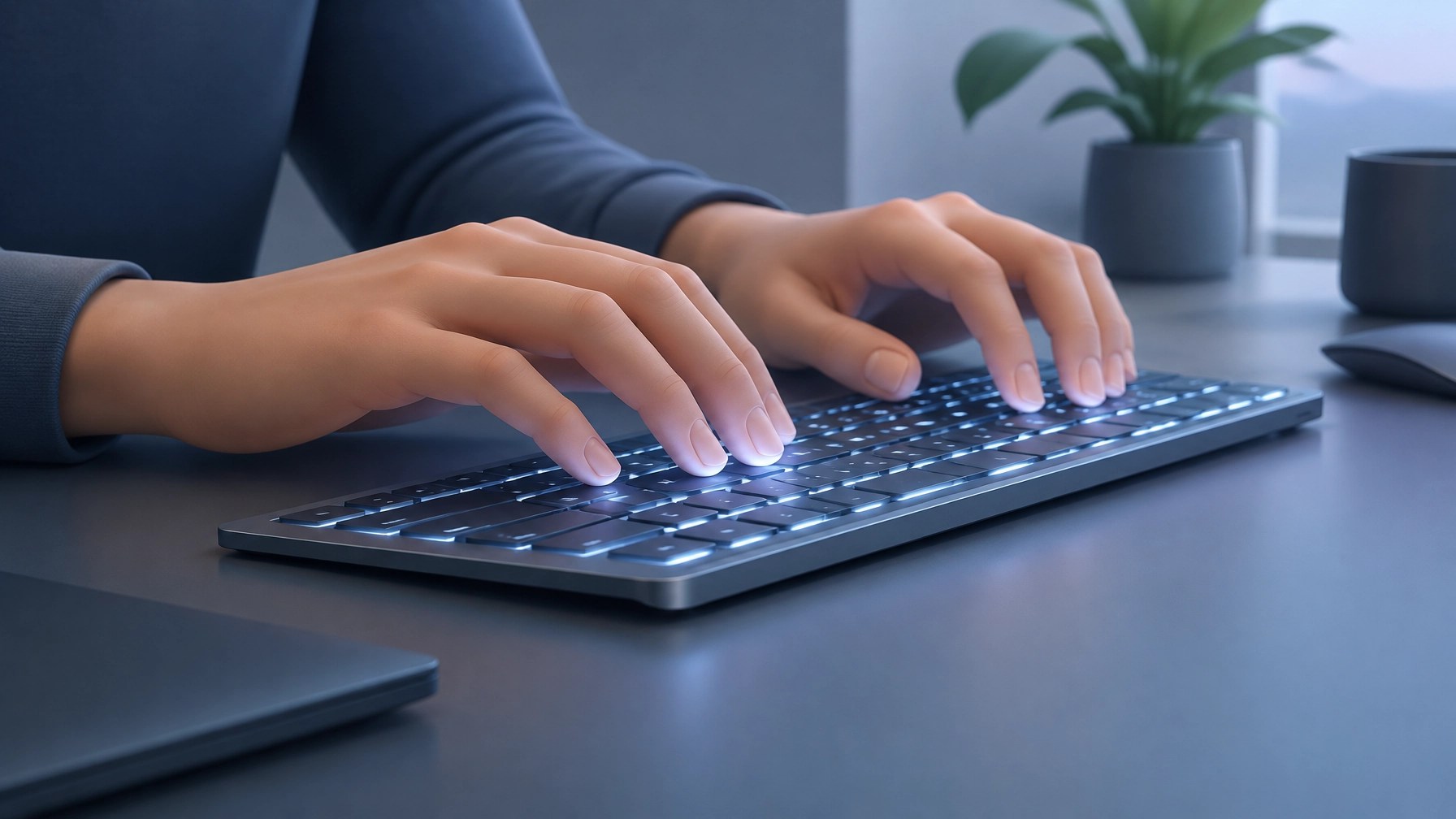 A sleek low-profile backlit wireless keyboard on a tidy modern desk