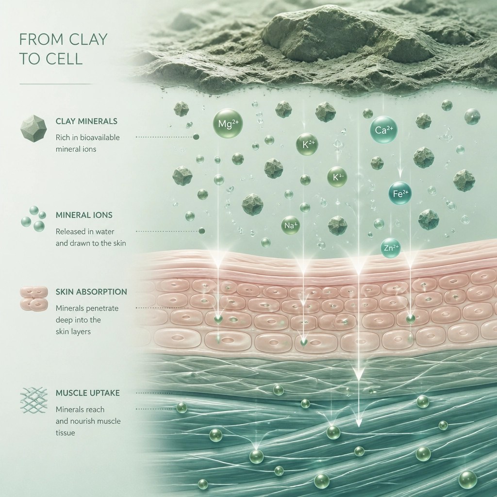 Abstract scientific visualization of minerals absorbing into skin tissue