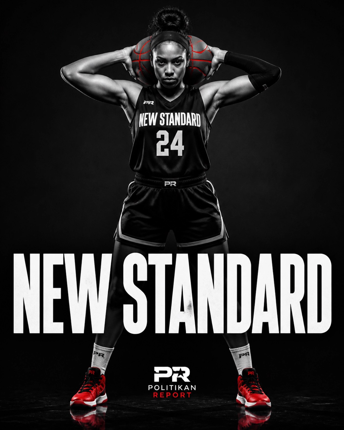 Powerful portrait of a WNBA player in black, white, and red, representing the NEW STANDARD of the game.