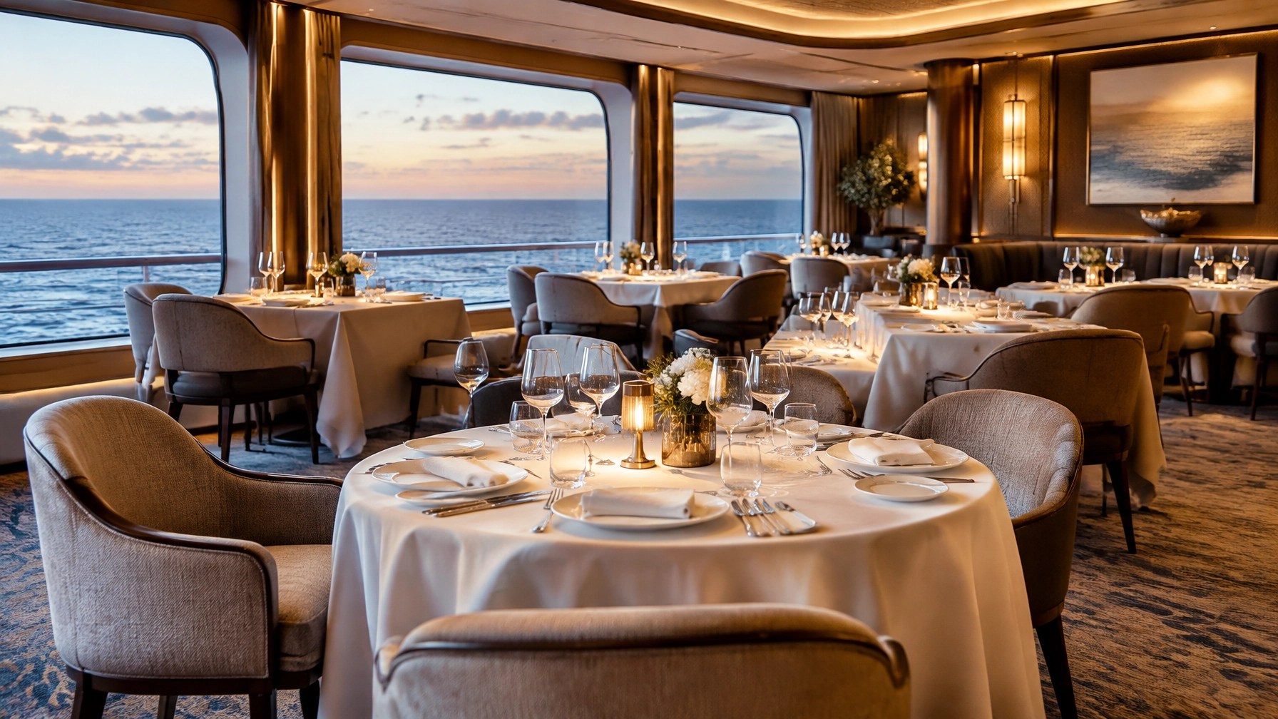 An elegant cruise-ship specialty dining room with neatly set tables, warm lighting, and ocean views