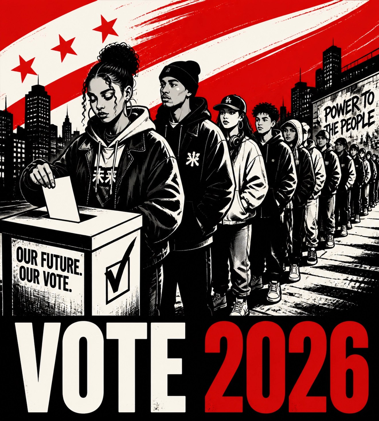 Young people in urban fashion at a ballot box with 'VOTE 2026' text, calling for community political action.