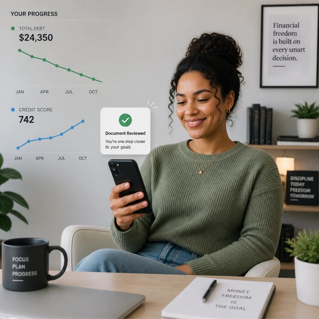 A person comfortably sitting in a modern office, smiling as they receive a notification that their financial documents have been reviewed.