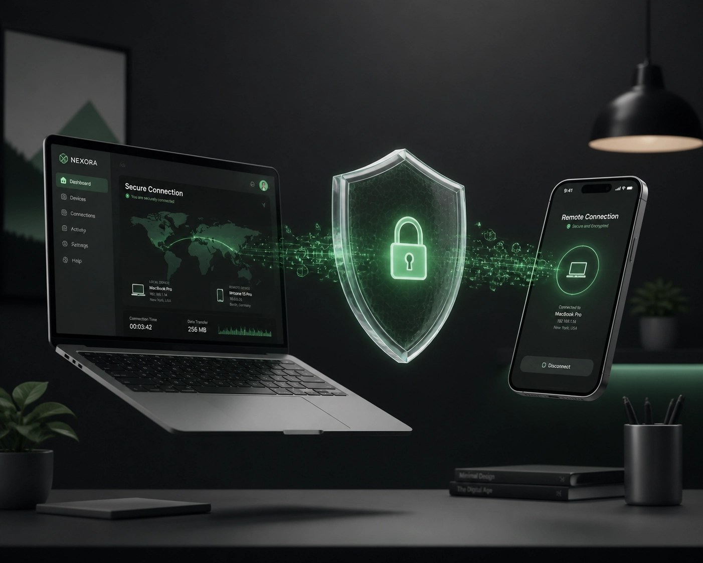 Secure remote IT support connection between a laptop and smartphone featuring a digital protective shield.