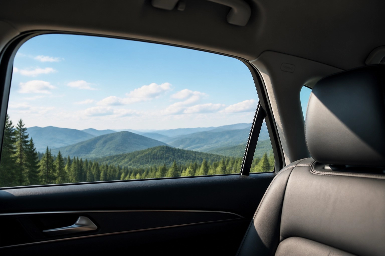 A peaceful landscape view from the backseat of a comfortable medical transport ride home.