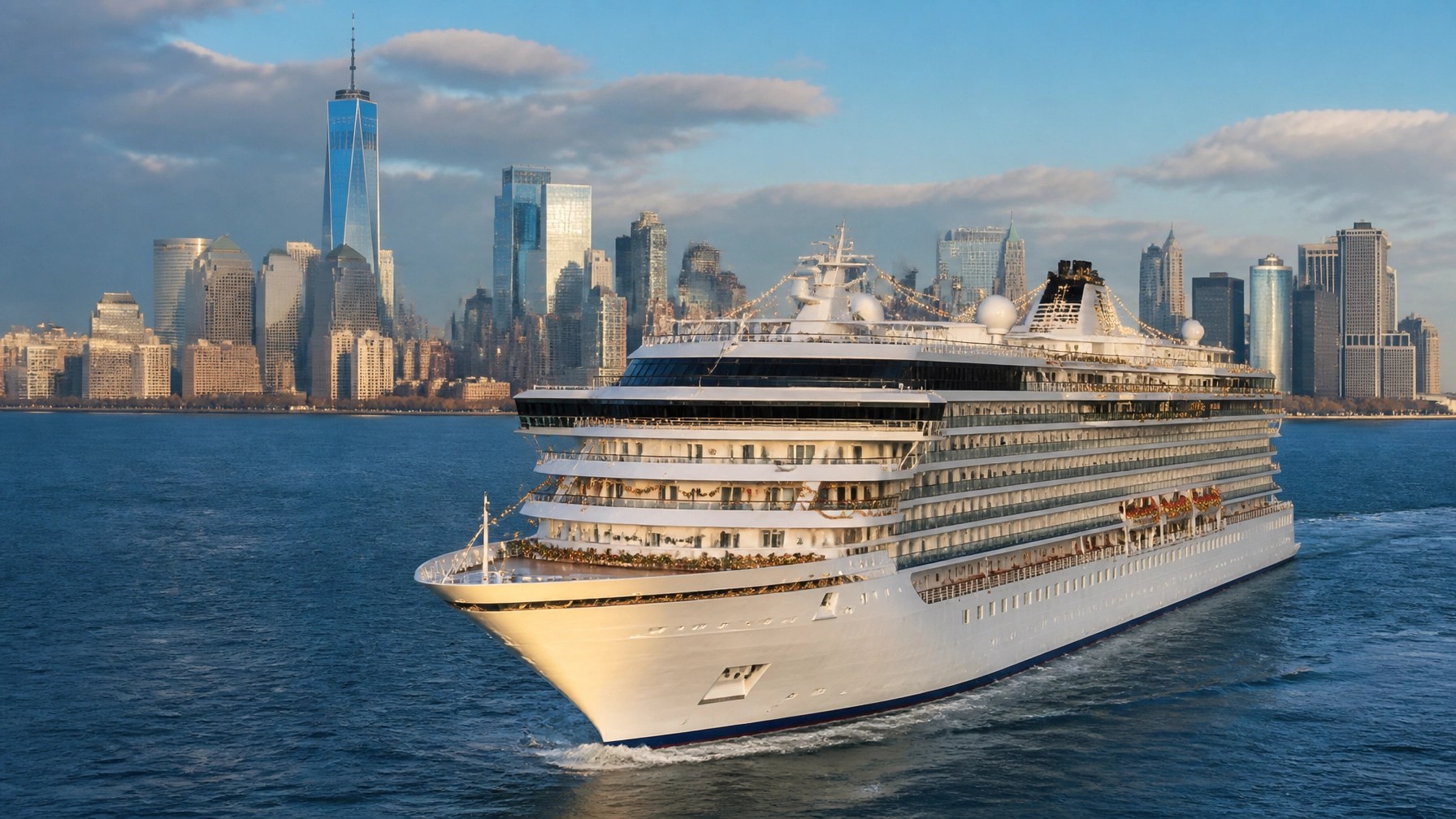 Contemporary cruise ship sailing away from Manhattan in late-November daylight with tasteful holiday lights