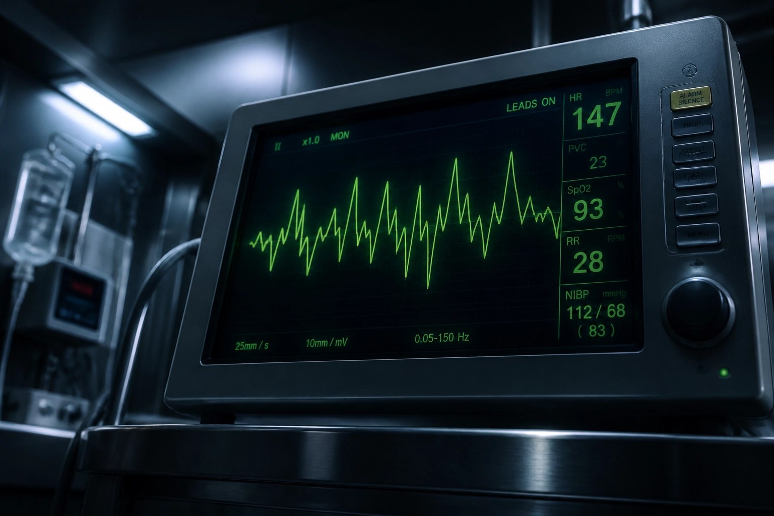 A heart rate monitor showing an erratic pulse, representing a medical emergency from synthetic marijuana.