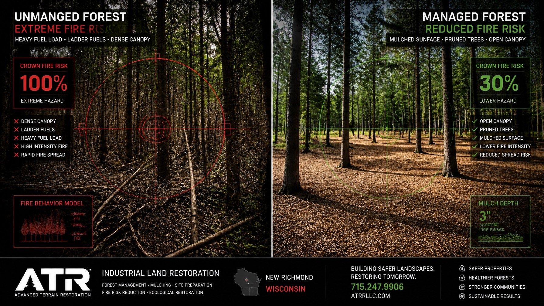 Split-screen side-by-side: Left side dense unmanaged thicket; Right side clean mulched forest floor with ATR fire risk comparison.