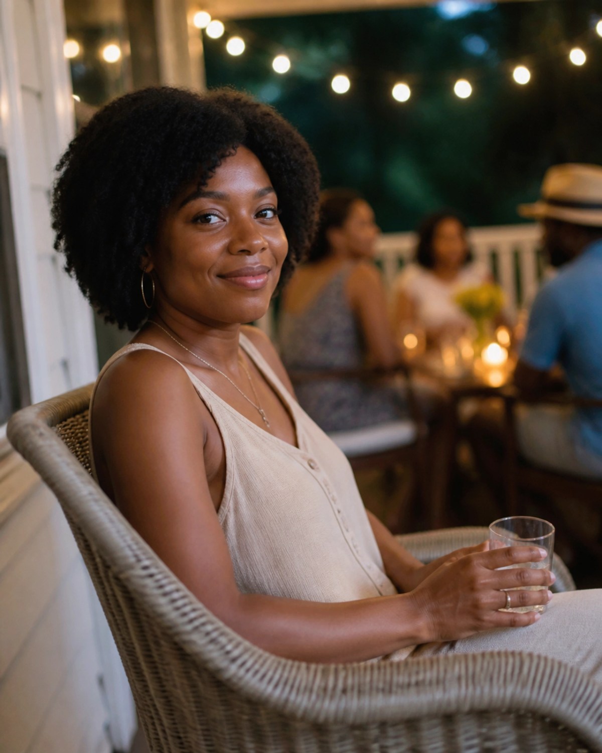 A young Black woman sitting calmly on a porch during a summer evening gathering.