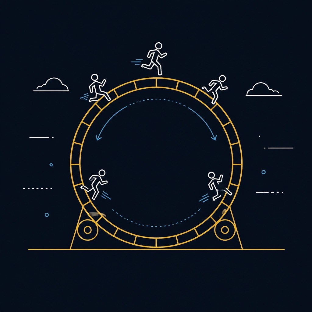 Minimalistic vector of human silhouettes running on a gold wheel that goes nowhere.