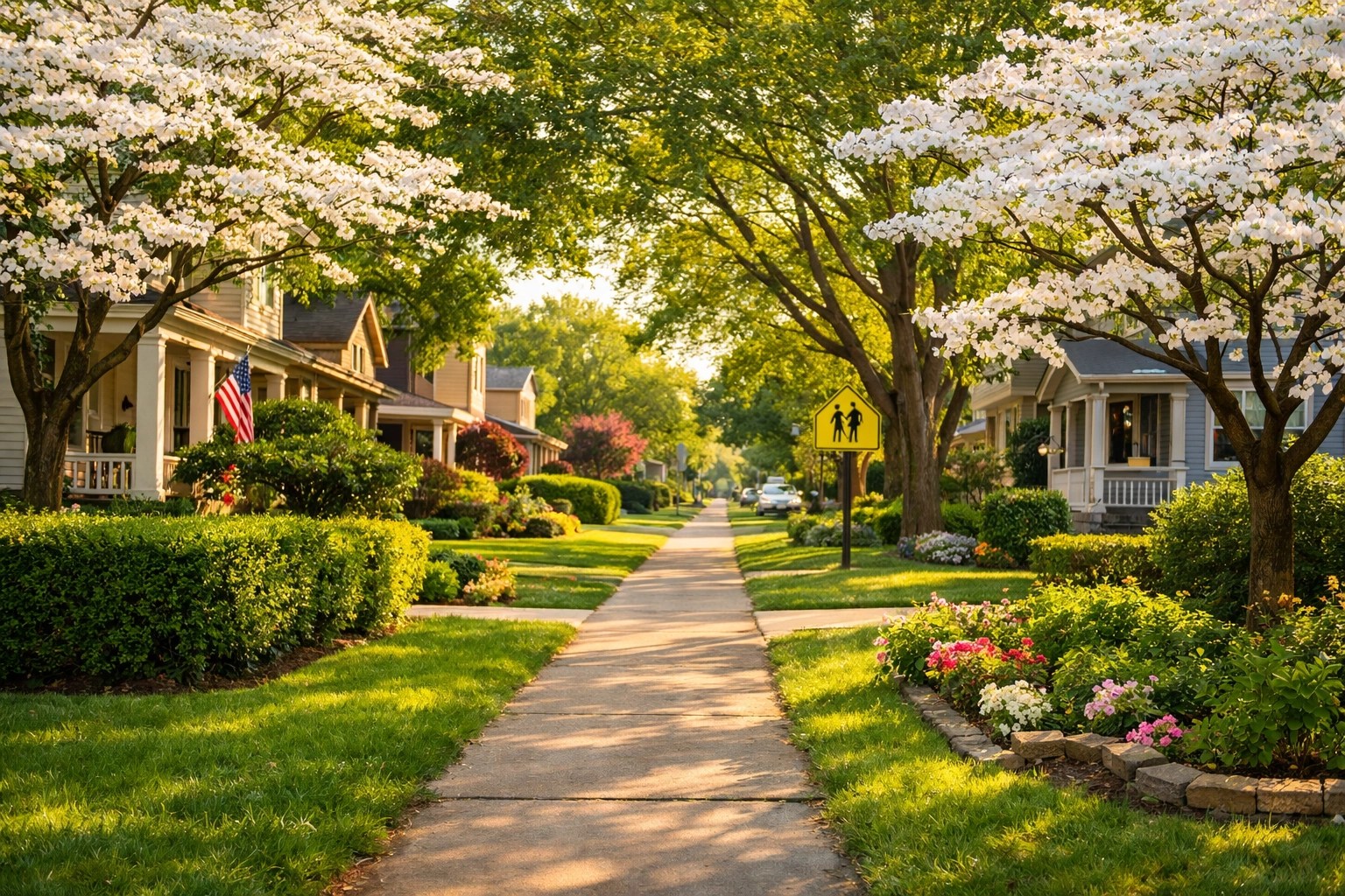 Quiet tree-lined street in Greene County showcasing high-value family homes for sale.