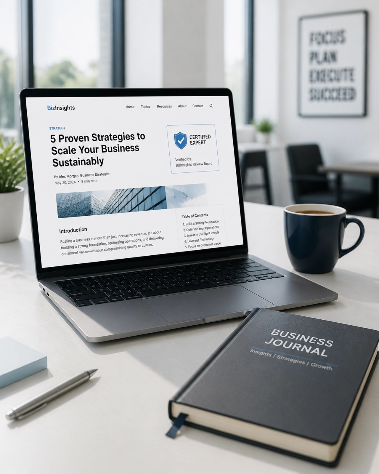 Sleek laptop showing a well-structured blog article with a 'Certified Expert' badge, conveying trust and authority.