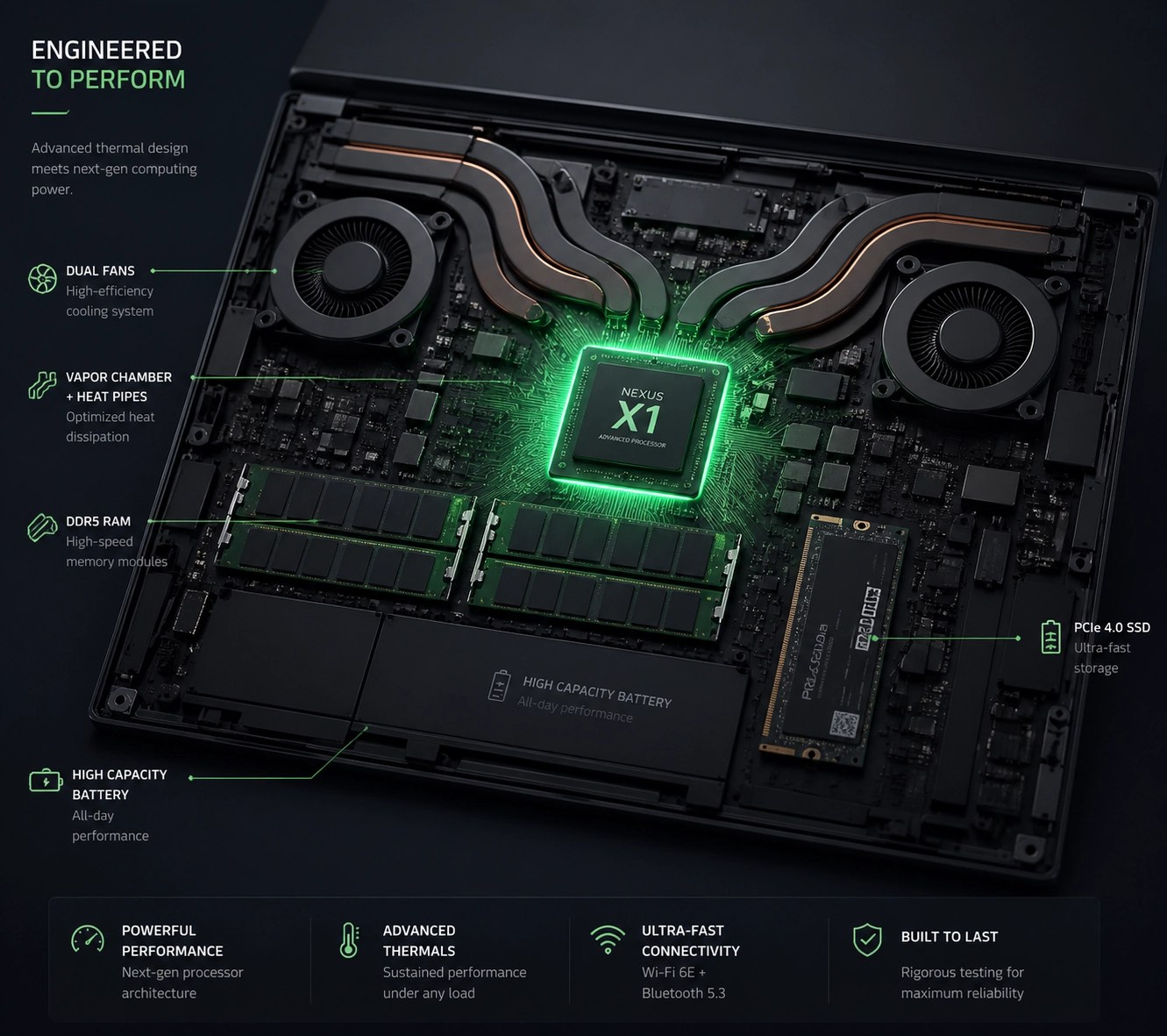 Internal view of laptop architecture showing high-performance processor and RAM components for fast processing.