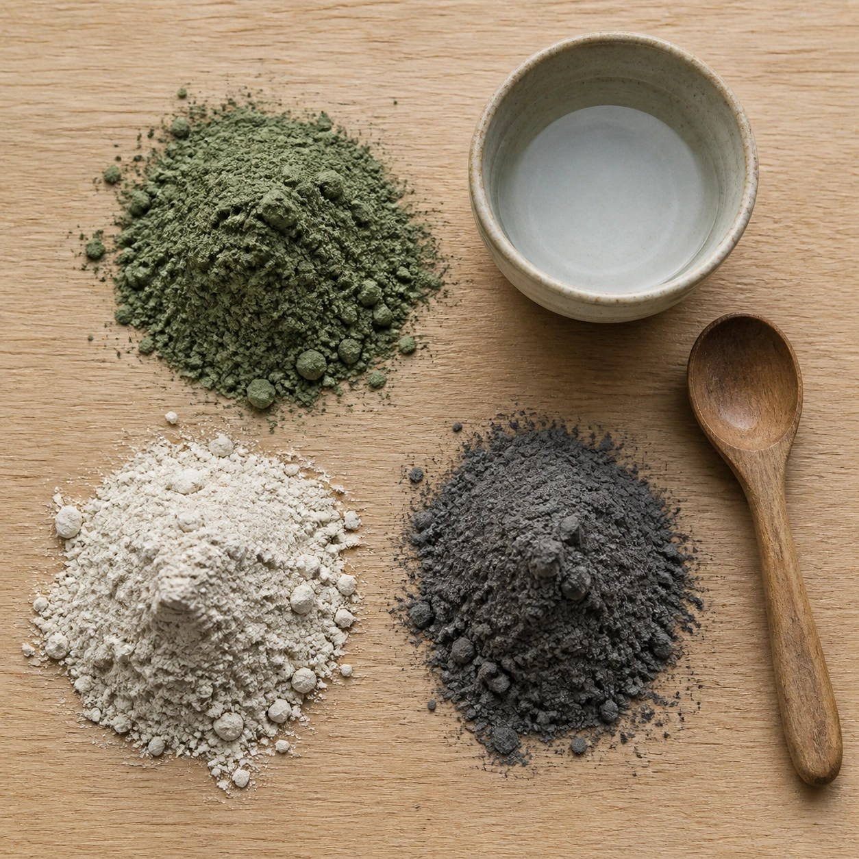 A comparison of different healing clays including French green clay, bentonite, and kaolin powder.
