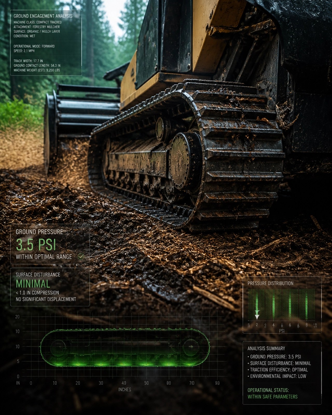 Close-up of machine tracks on mulch with technical CAD overlays showing ground truth metrics and minimal surface disturbance.