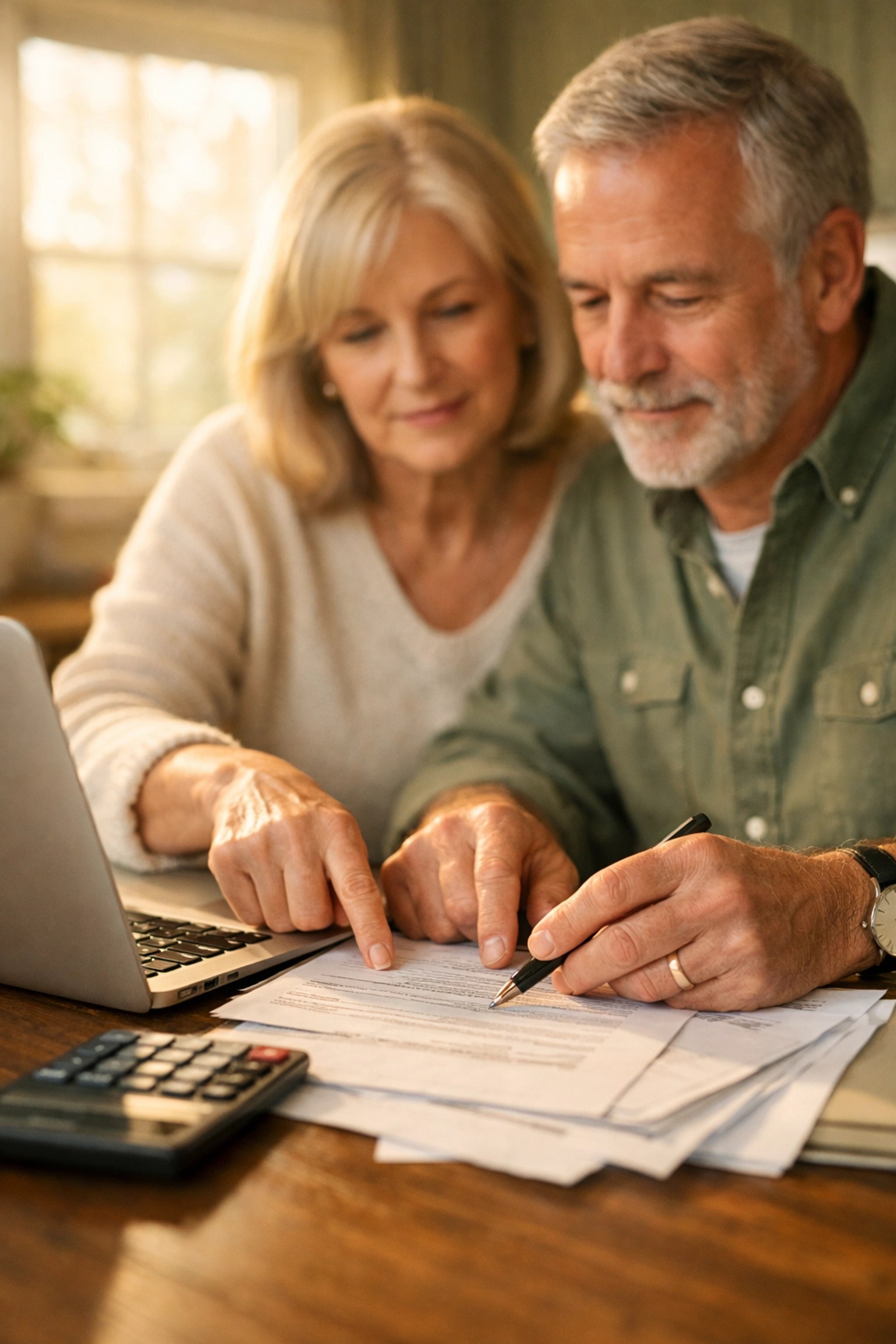 Retired couple reviewing retirement income floor plan with calculator and documents at kitchen table