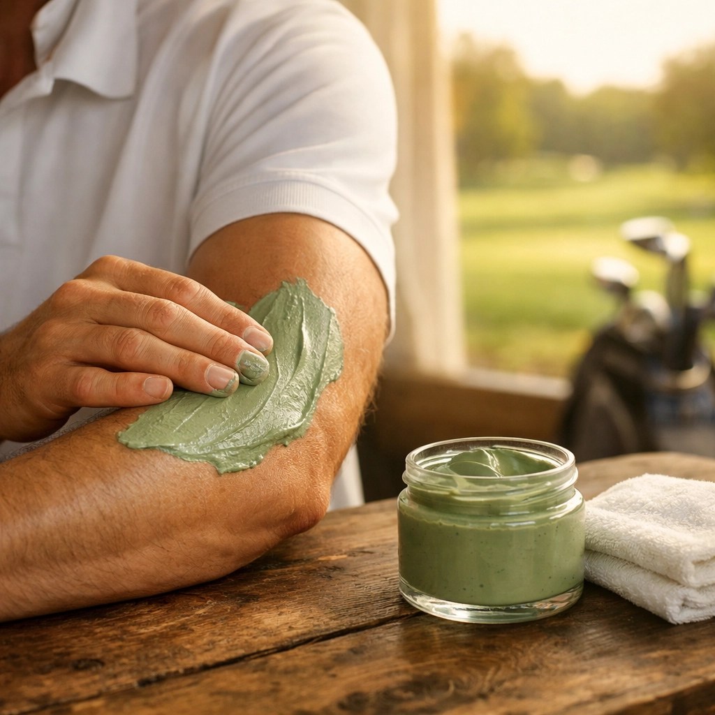 Applying green healing clay to a golfer's elbow for joint health and recovery after a round of golf.