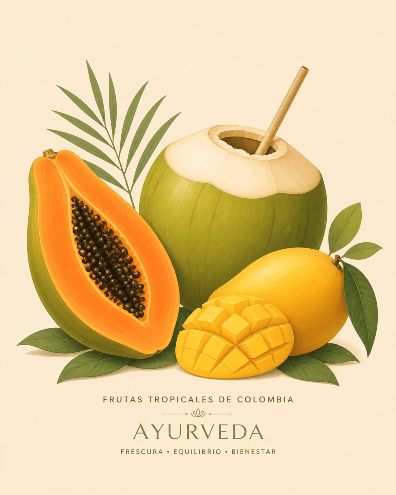 Ilustración digital de frutas tropicales colombianas: papaya, coco y mango para equilibrar Pitta