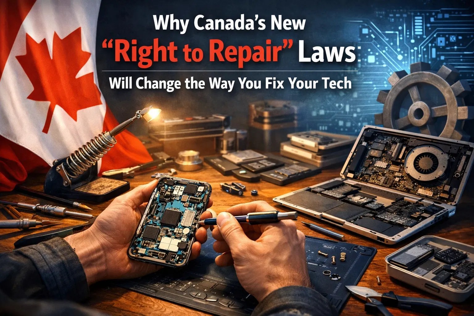 Canadian flag beside a repair workbench with an open phone and laptop, emphasizing electronics repair.