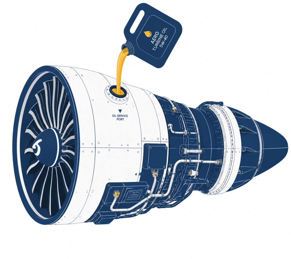 Illustration of a turbine engine receiving fresh aviation oil during a scheduled maintenance check.