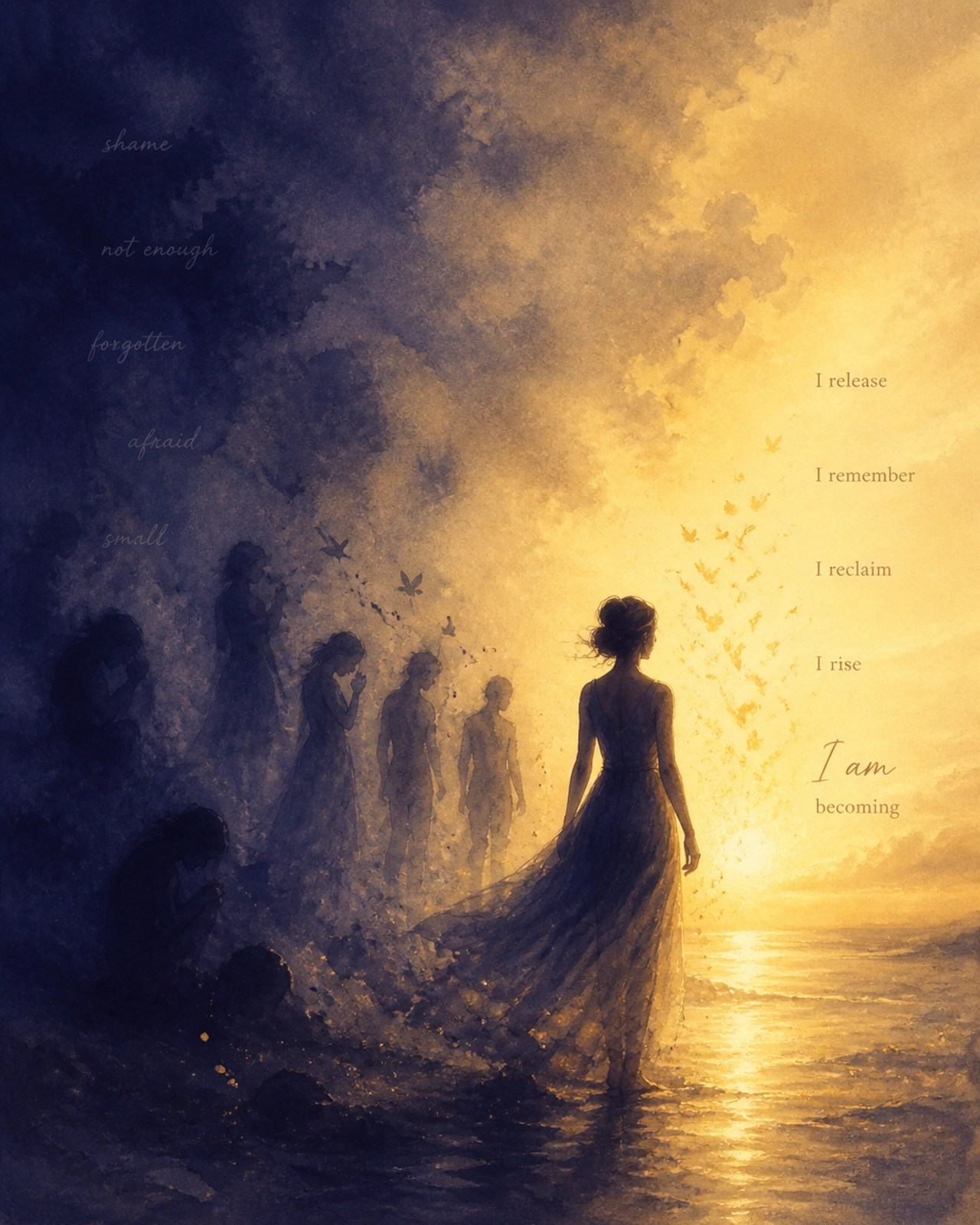 A woman's silhouette standing in front of long, fading shadows of her past as a warm golden light dissolves the darkness.