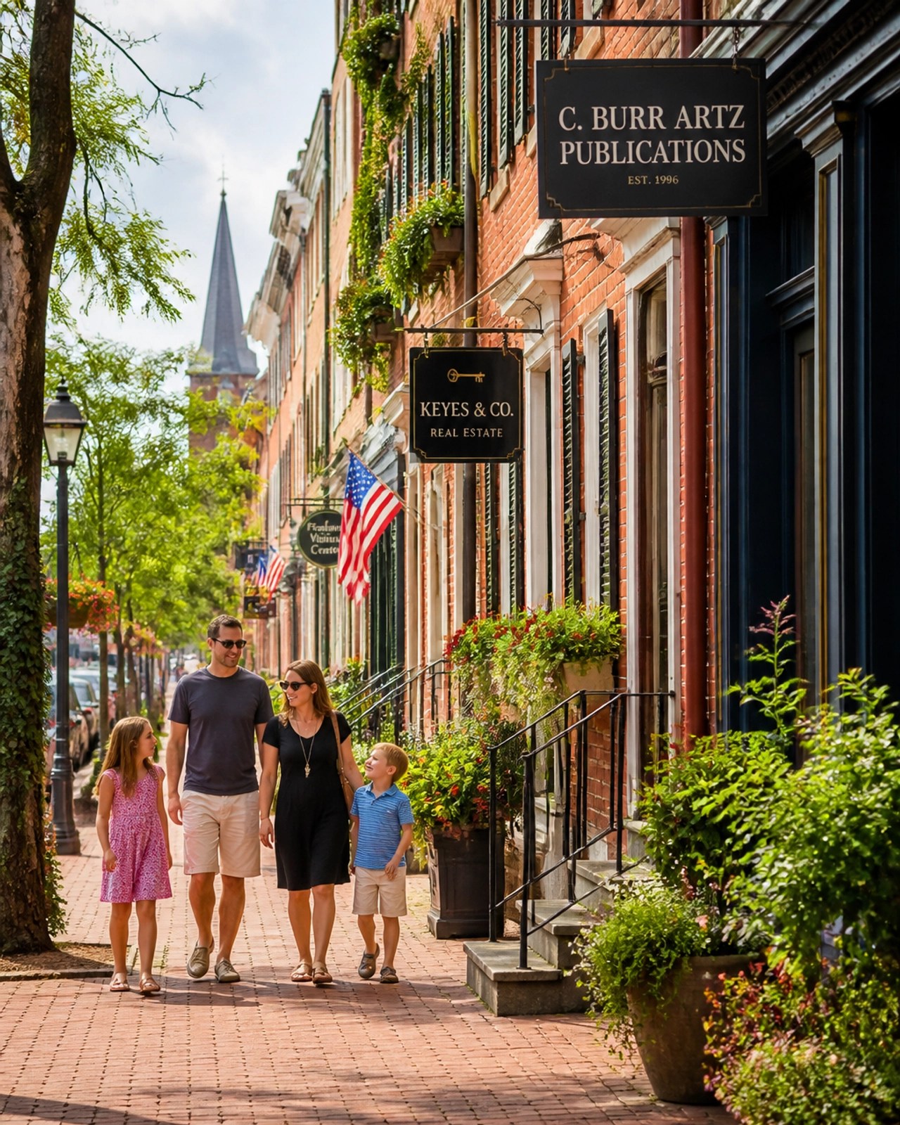 A charming, walkable street in historic downtown Frederick with colorful houses and boutique shops.