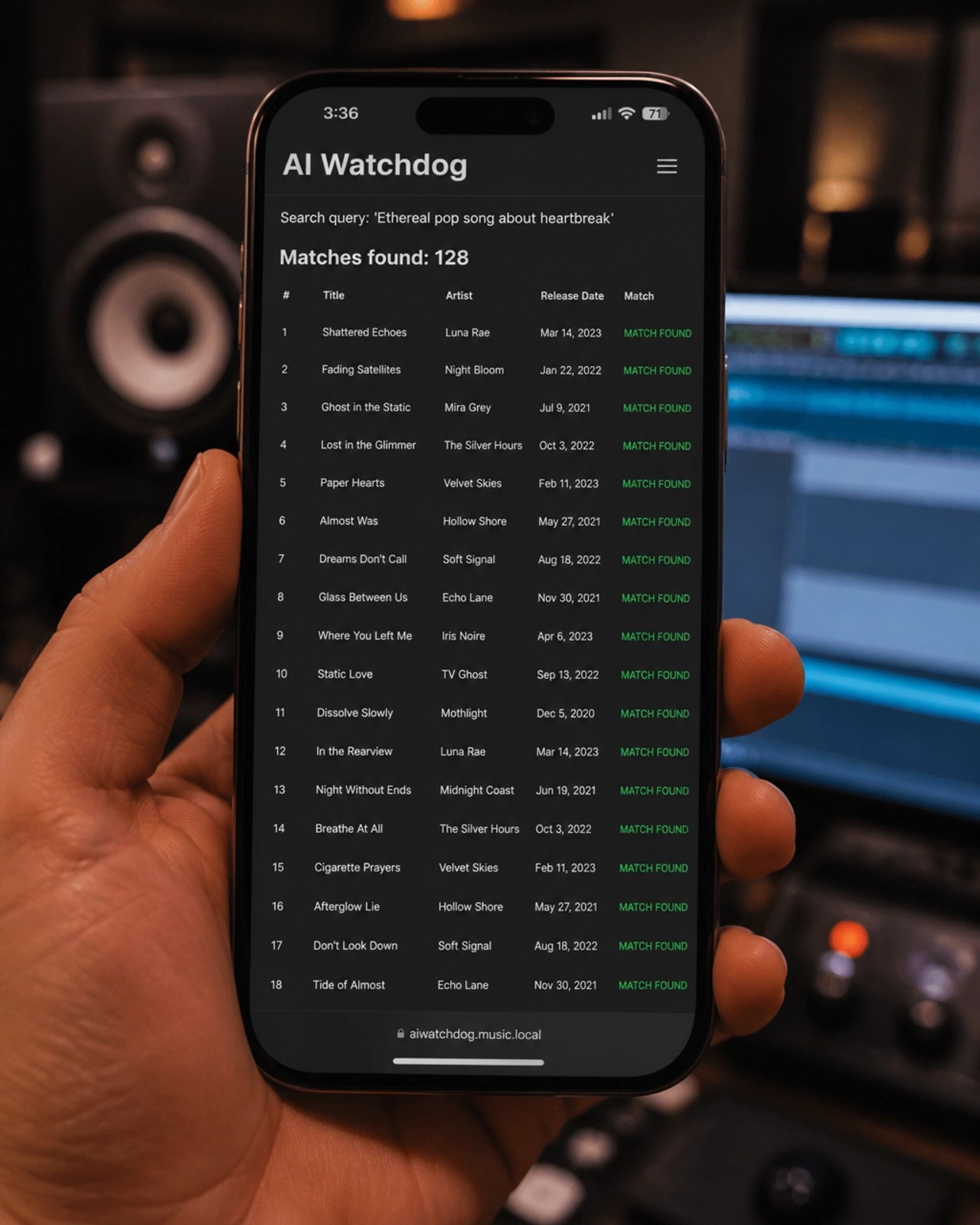 A hand holding a phone showing the AI Watchdog database results.