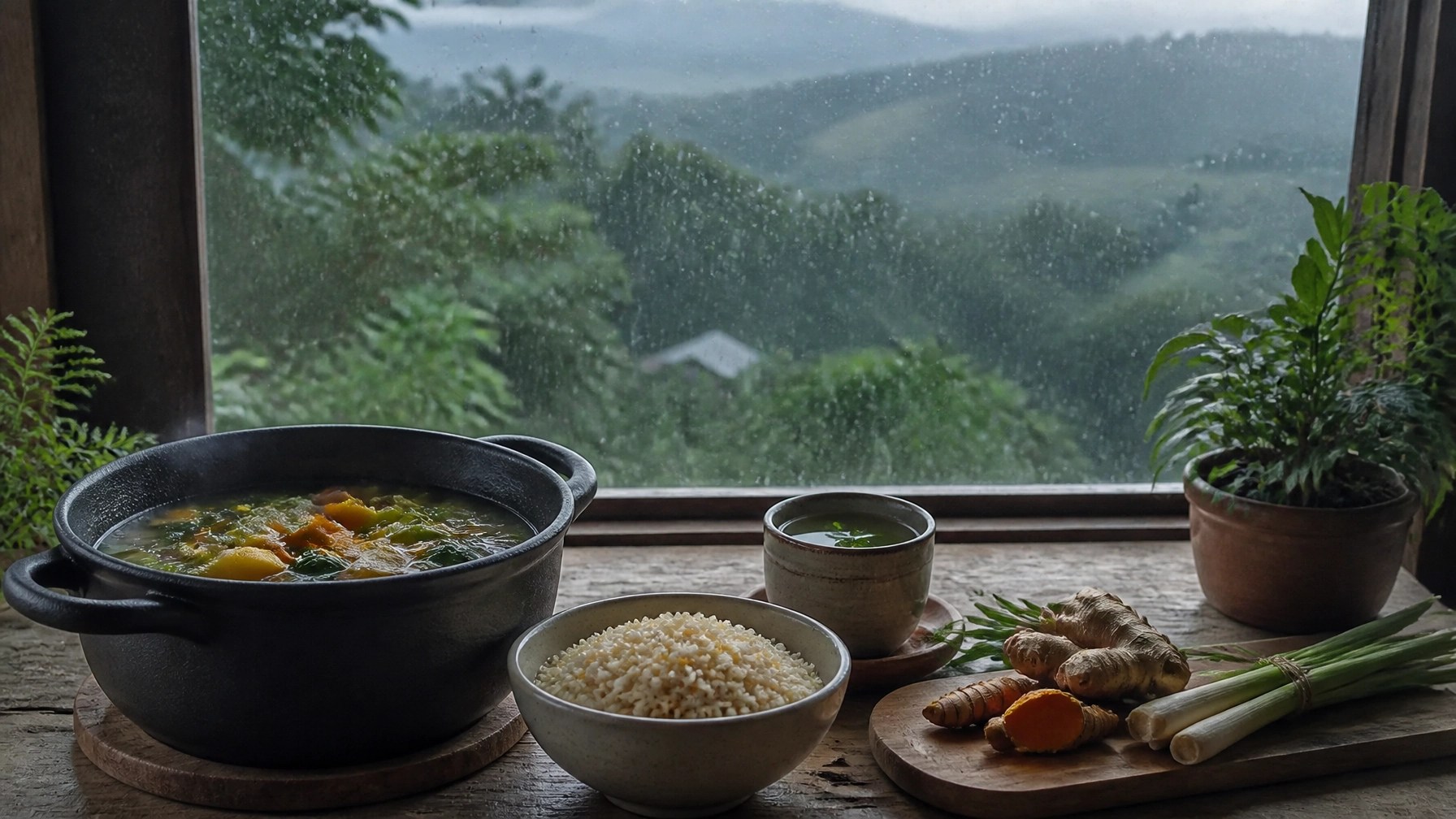 Preparación casera con sopa de verduras e infusiones suaves durante una temporada lluviosa