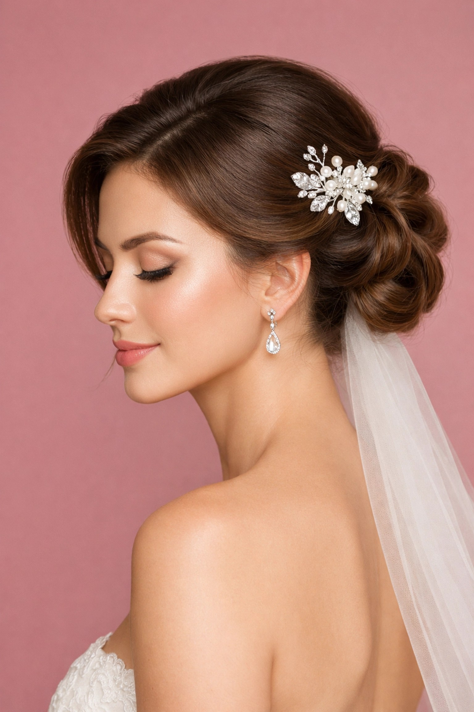 A flawless bridal portrait highlighting elegant hair styling and natural airbrushed skin.