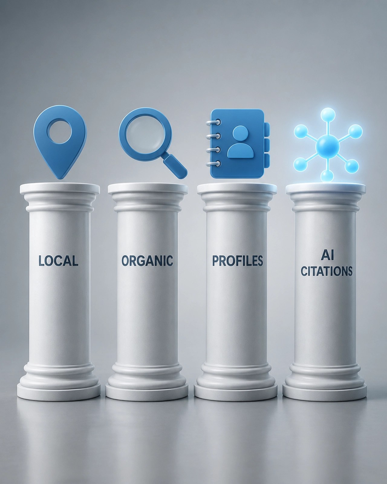 A four-pillar framework for business growth featuring Local, Organic, Profiles, and AI Citations.