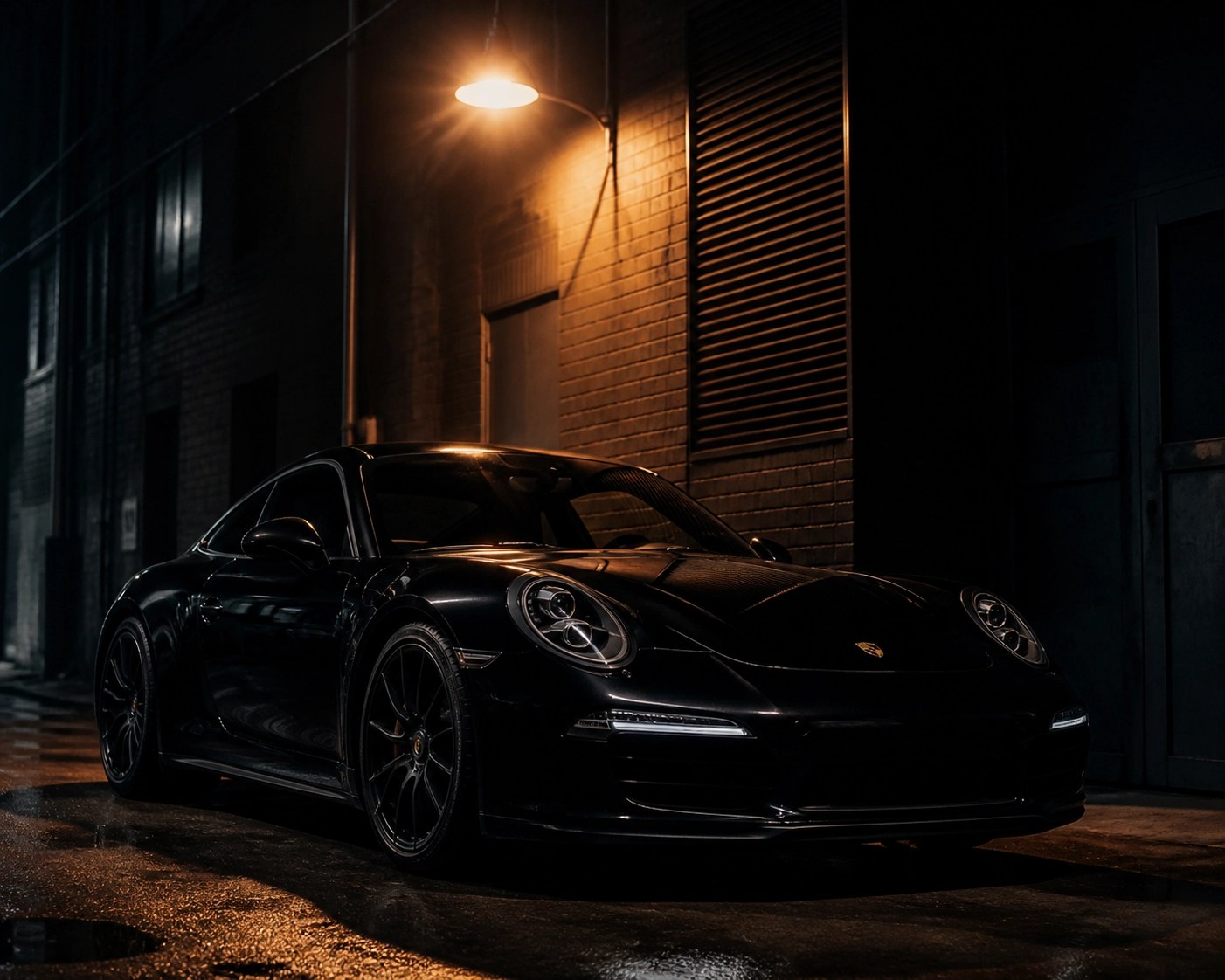 Black luxury sports car parked under a dramatic warm streetlamp