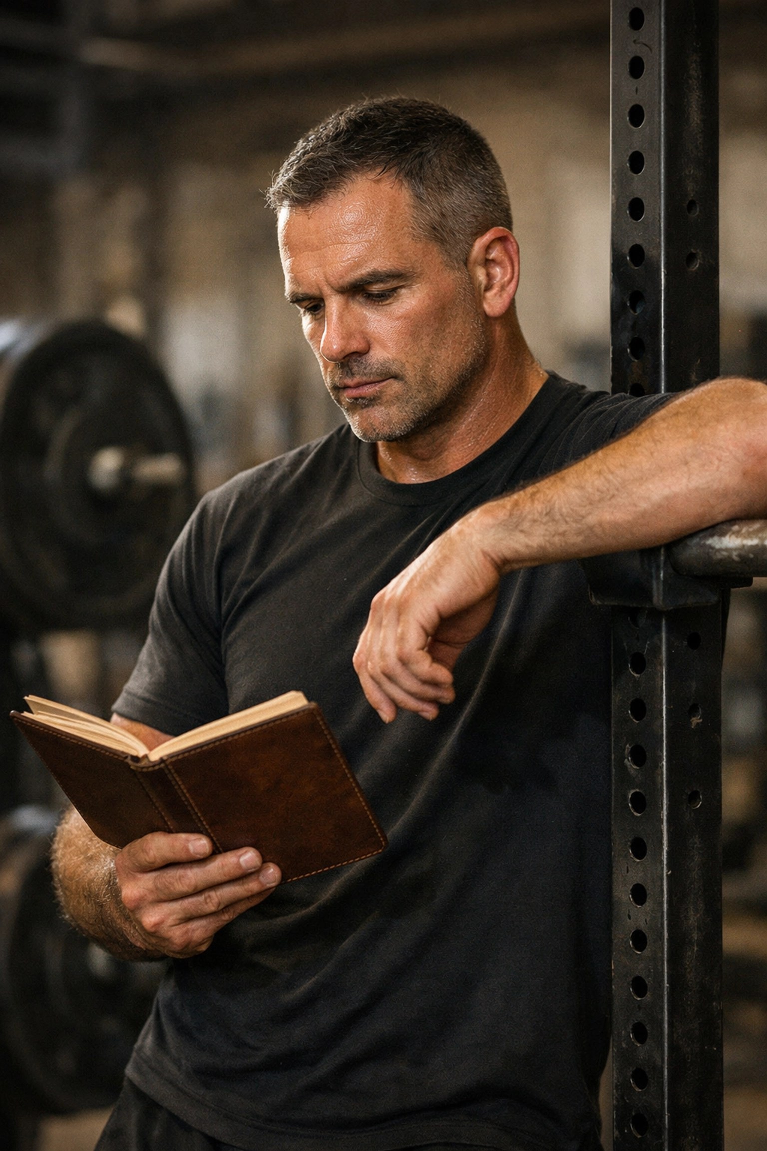 Consultant Tibs Parise reflecting on a training session by a squat rack, highlighting athlete consistency and progress.