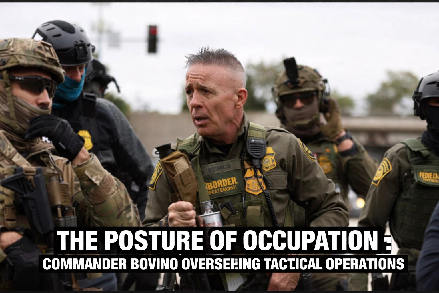 Greg Bovino, a middle-aged white man with a buzz cut, wearing green tactical Border Patrol gear and uniform, looking aggressive and authoritative
