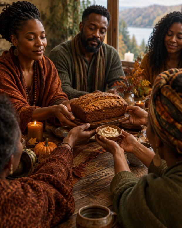 Hands pass pumpkin spice bread and cinnamon sweet cream butter around a retreat table