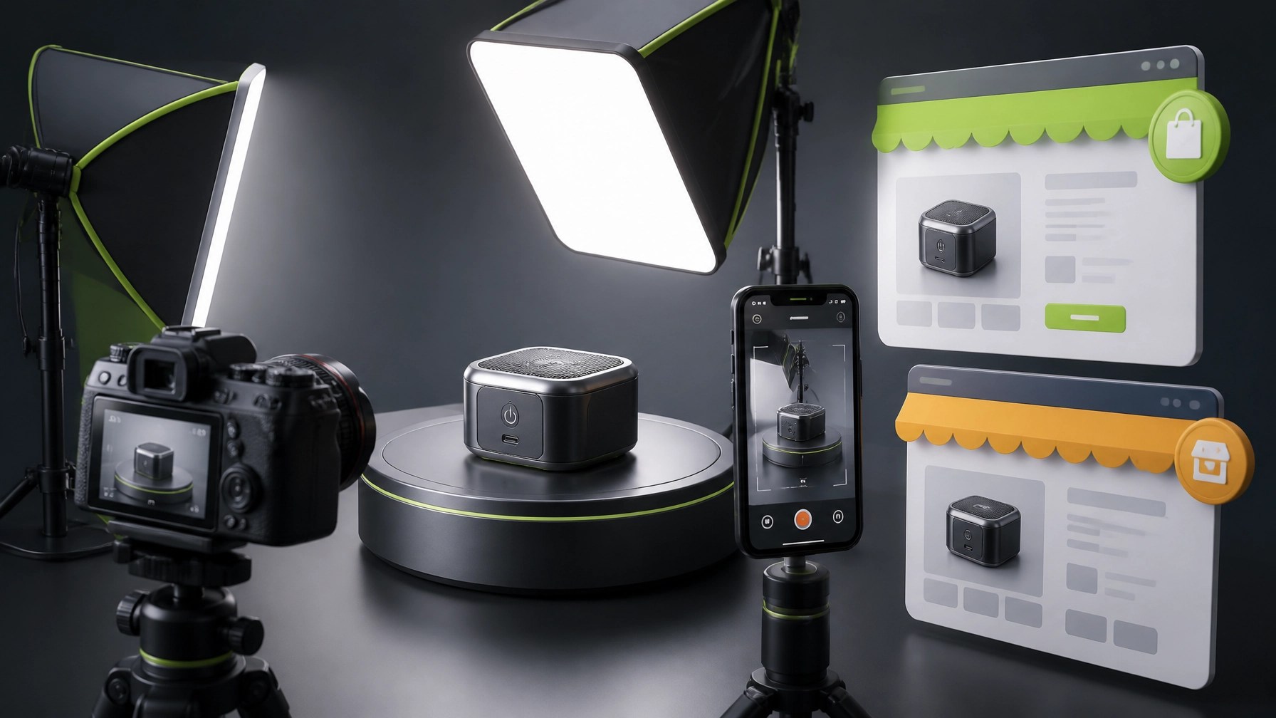 Professional product video production setup with camera, lighting, and ecommerce storefront elements