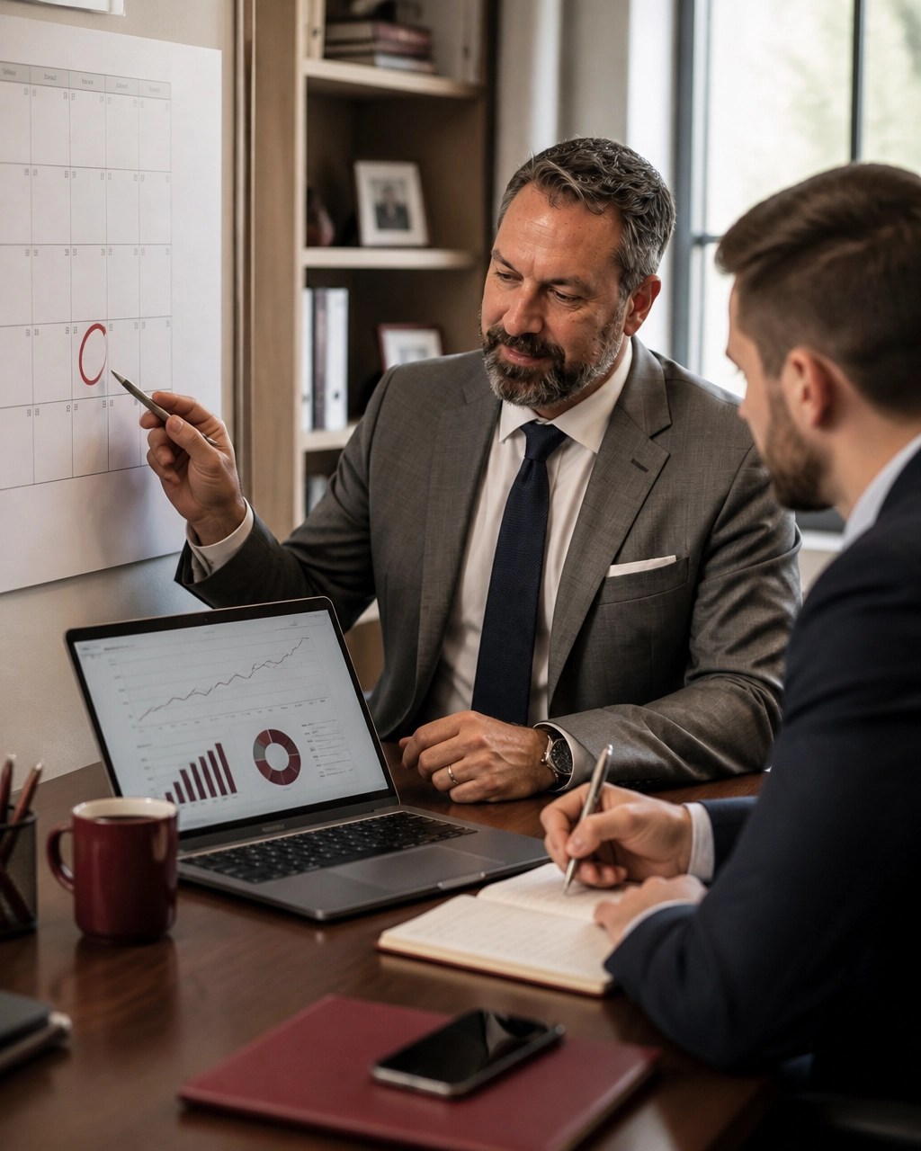 Sales leader reviewing a recent business trigger and preparing timely outreach with a colleague