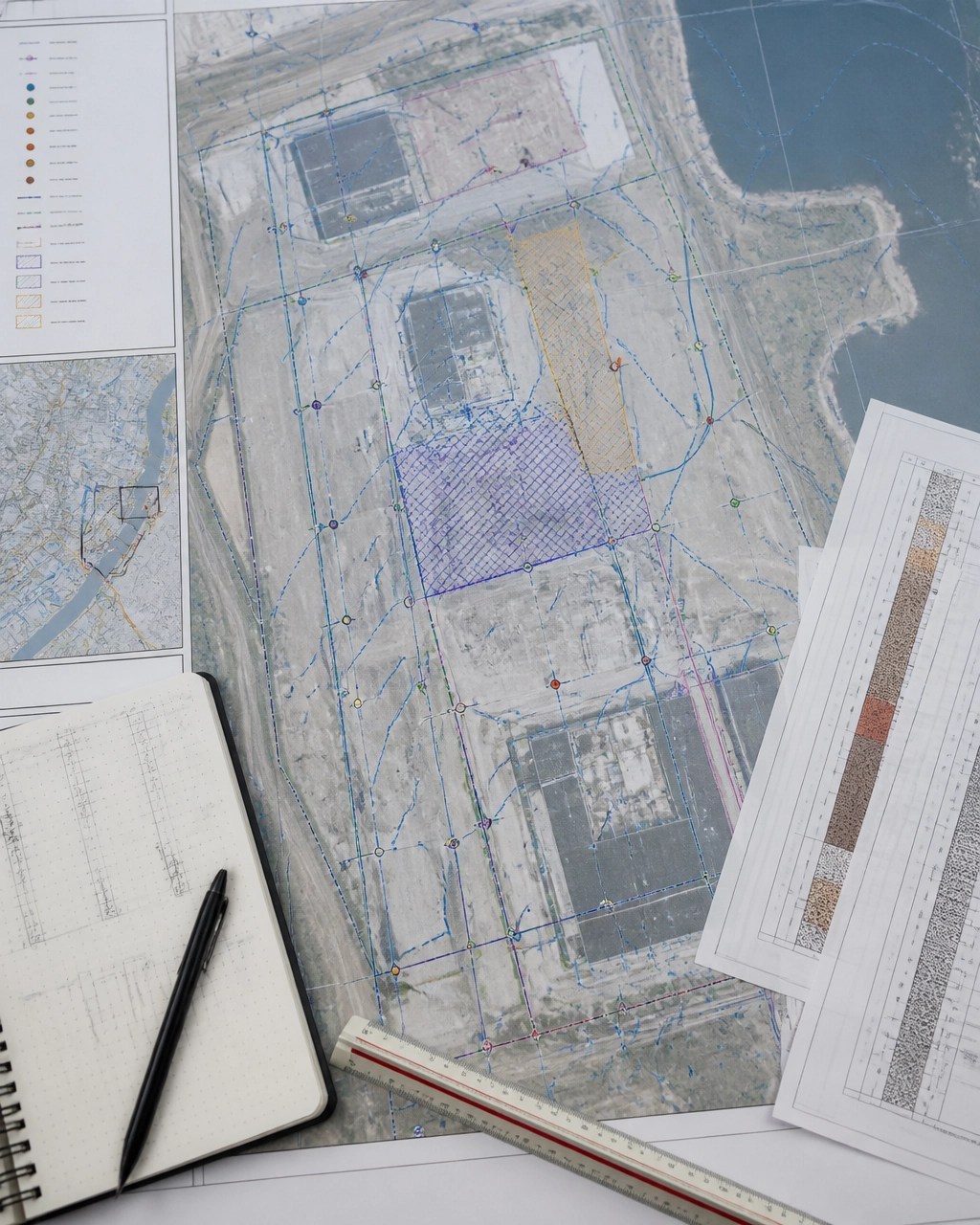 GIS site plan showing industrial property boundaries, AOCs, utilities, and targeted environmental sampling locations