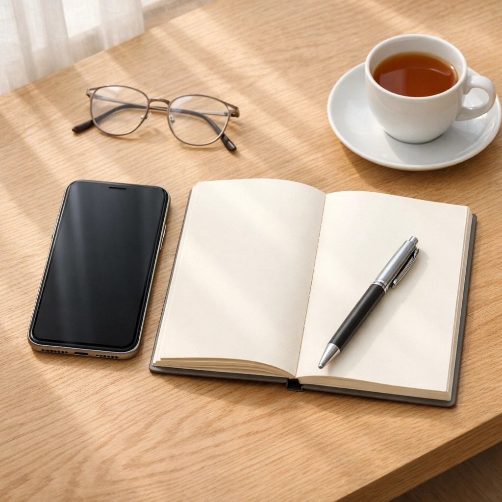 Organized desk with a smartphone and notebook for preparing medical ride booking information.