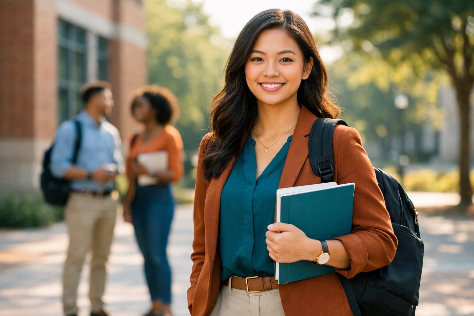 Confident student on a university campus, representing student success, belonging, and career readiness.