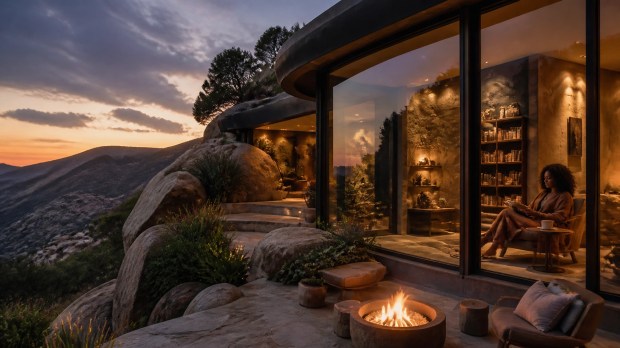 A wide-angle shot of a serene, modern mountain sanctuary at dusk. Large floor-to-ceiling windows show a warm, inviting interior where a Black woman is reading a book and drinking coffee.