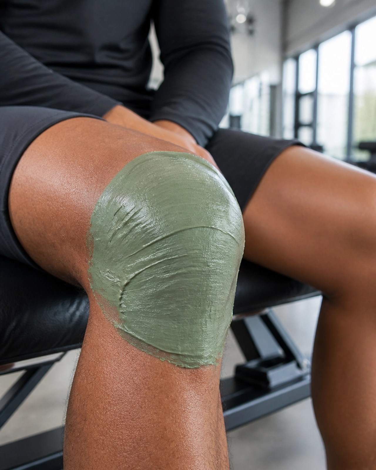 Athlete with a green clay poultice on their knee